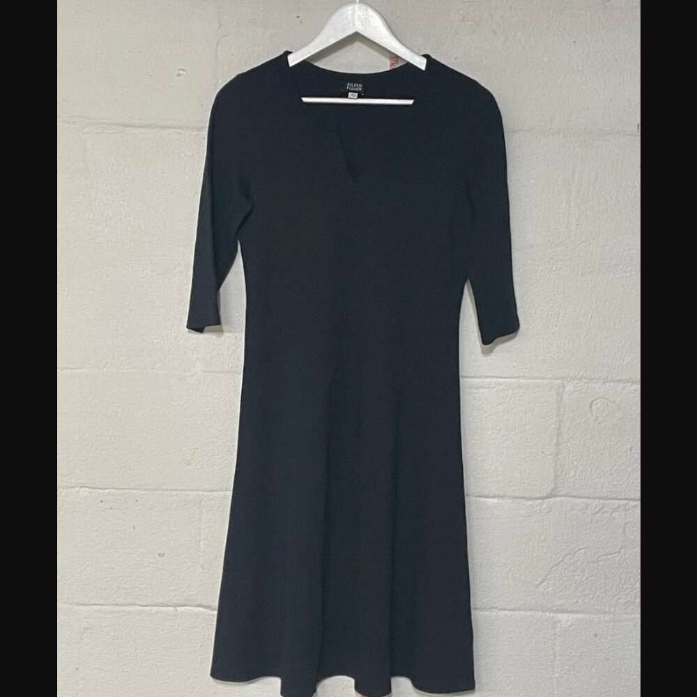 EILEEN FISHER Black Split Neck Dress SMALL SAMPLE NWOT Viscose Blend Crepe Jerse
